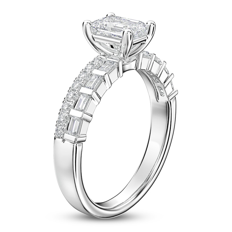 Main Image 2 of Emerald, Round & Baguette-Cut Diamond Engagement Ring 1 ct tw 14K White Gold