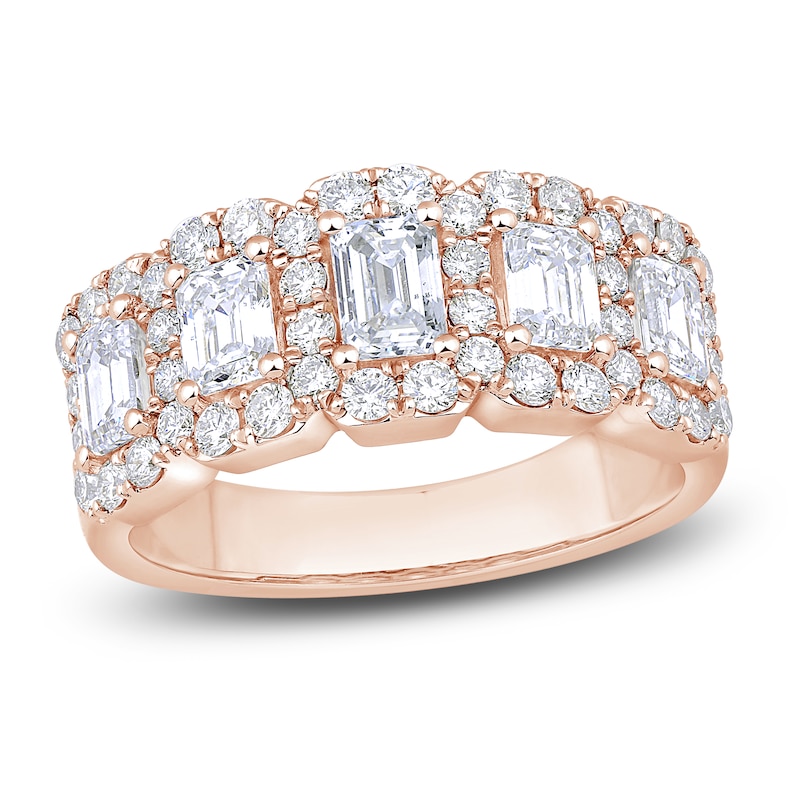 Main Image 1 of Emerald and Round-Cut Diamond Anniversary Band 2 ct tw 14K Rose Gold
