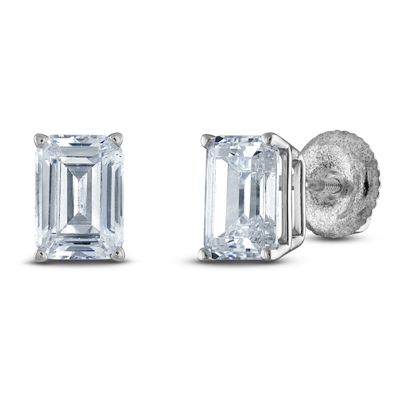 Main Image 2 of Emerald-Cut Lab-Grown Diamond Solitaire Stud Earrings 2 ct tw 14K White Gold (F/SI2)