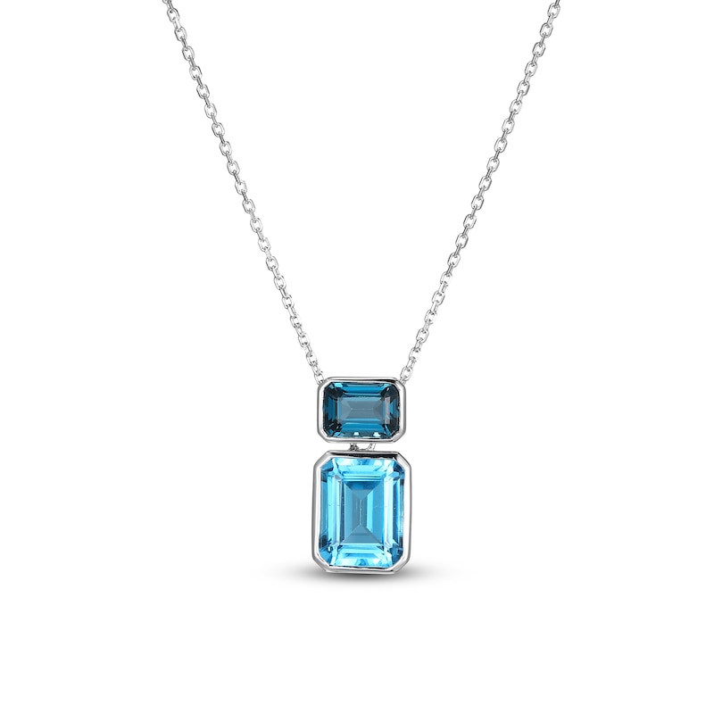 Main Image 1 of Rectangle-Cut Natural Swiss Blue Topaz & London Blue Topaz Necklace 10K White Gold 18"