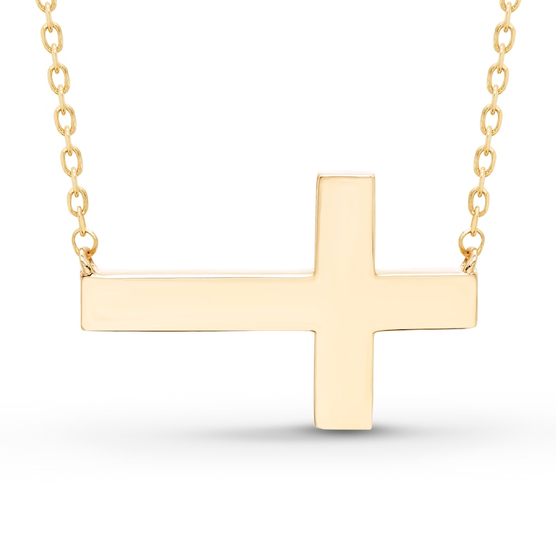 Main Image 1 of Engravable Sideways Cross Necklace 14K Yellow Gold 18" Adjustable