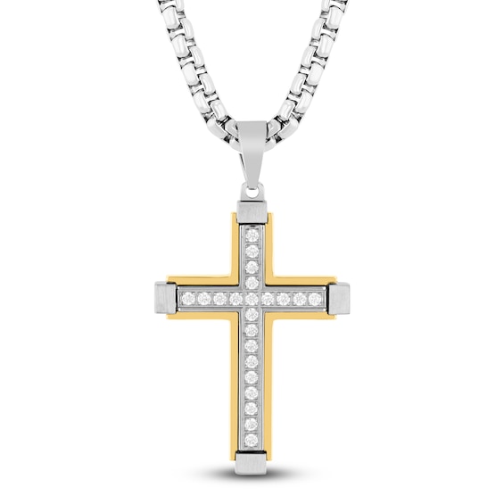 Men's Diamond Cross Necklace 1/2 ct tw Stainless Steel & Yellow Ion Plating 24"