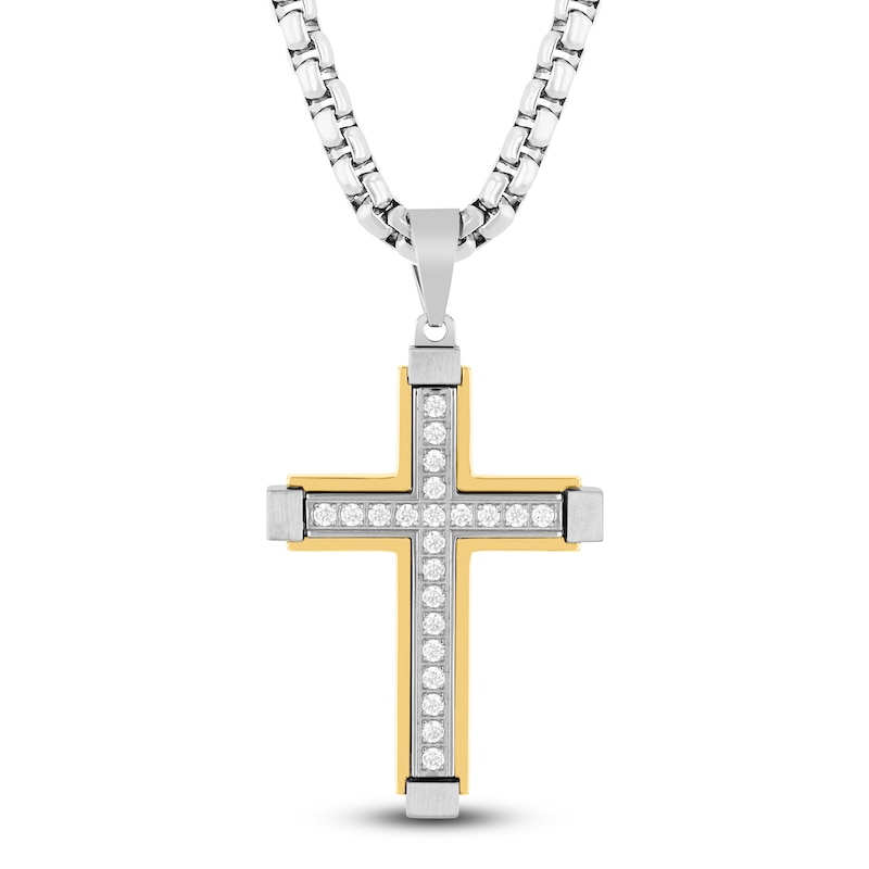 Main Image 1 of Men's Diamond Cross Necklace 1/2 ct tw Stainless Steel & Yellow Ion Plating 24"