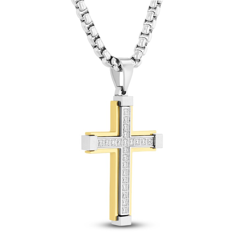 Main Image 2 of Men's Diamond Cross Necklace 1/2 ct tw Stainless Steel & Yellow Ion Plating 24"