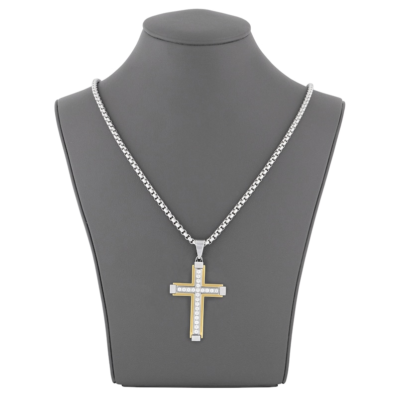 Main Image 3 of Men's Diamond Cross Necklace 1/2 ct tw Stainless Steel & Yellow Ion Plating 24"