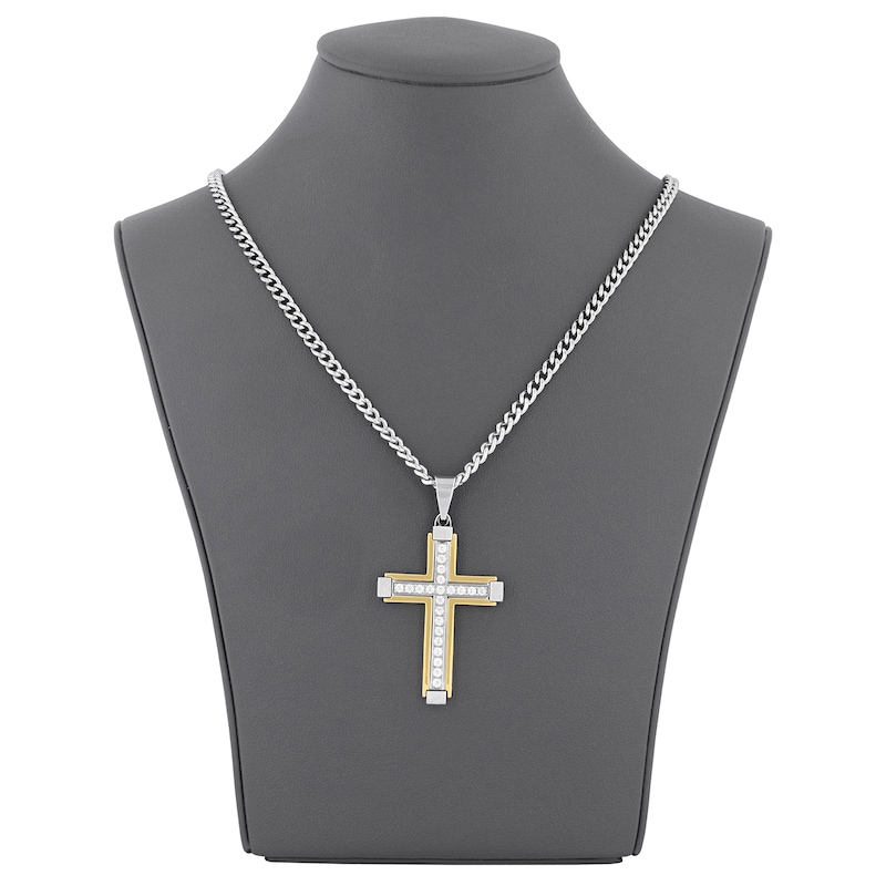 Main Image 4 of Men's Diamond Cross Necklace 1/2 ct tw Stainless Steel & Yellow Ion Plating 24"