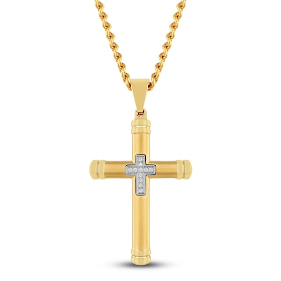 Men's Diamond Cross Necklace 1/20 ct tw Yellow Ion-Plated Stainless Steel 24"