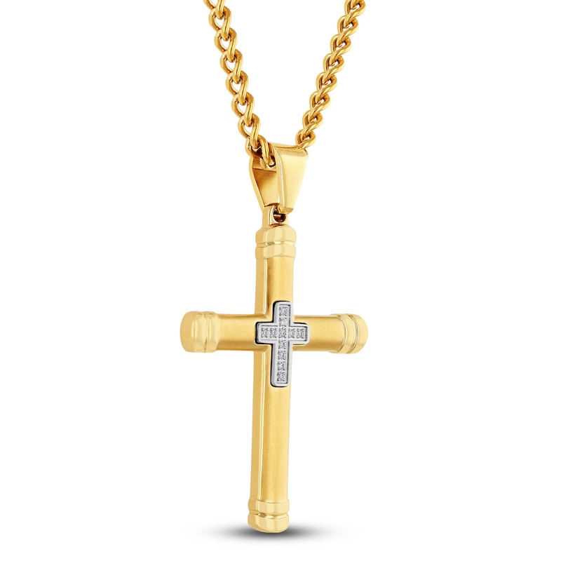 Main Image 2 of Men's Diamond Cross Necklace 1/20 ct tw Yellow Ion-Plated Stainless Steel 24"