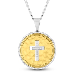 Men's Diamond Cross Hammered Medallion Necklace 1/20 ct tw Stainless Steel & Yellow Ion-Plating 24"