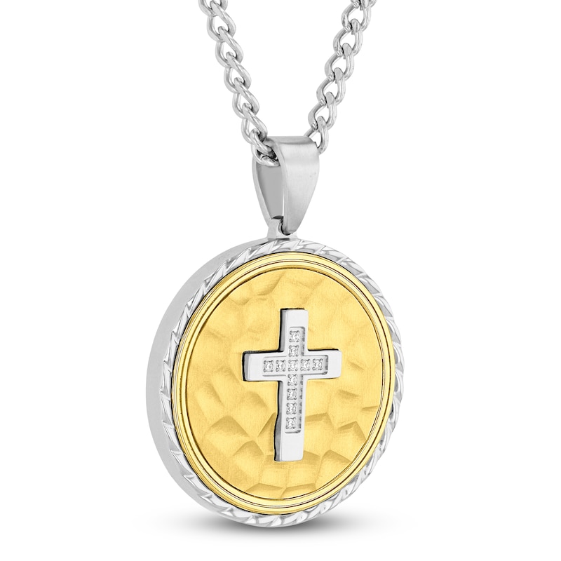Main Image 2 of Men's Diamond Cross Hammered Medallion Necklace 1/20 ct tw Stainless Steel & Yellow Ion-Plating 24"