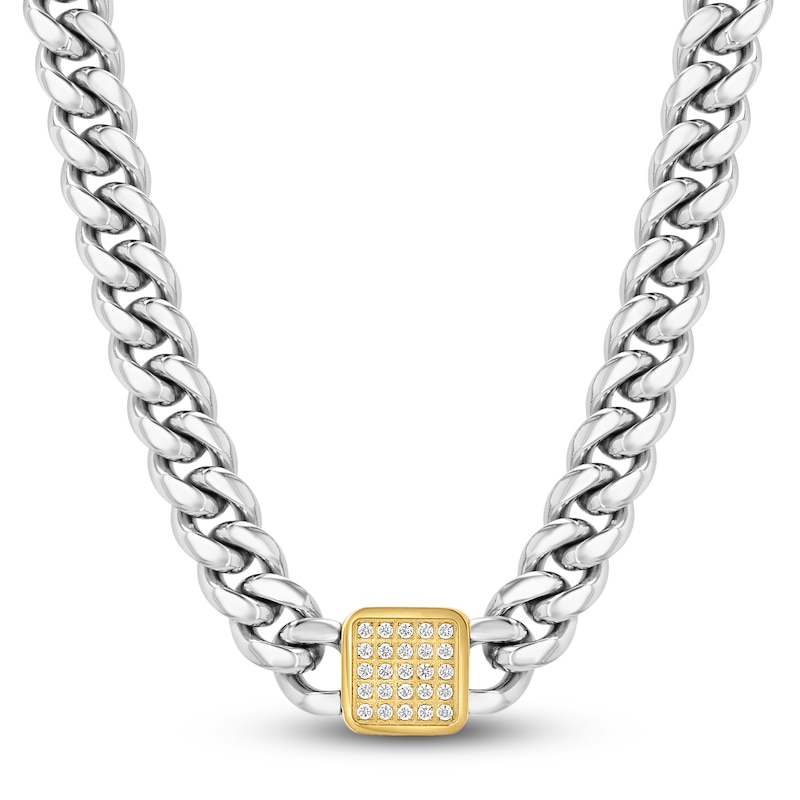 Main Image 1 of Men's Diamond Cushion-Shaped Pendant Curb Chain Necklace 1/2 ct tw Stainless Steel & Yellow Ion Plating 20"