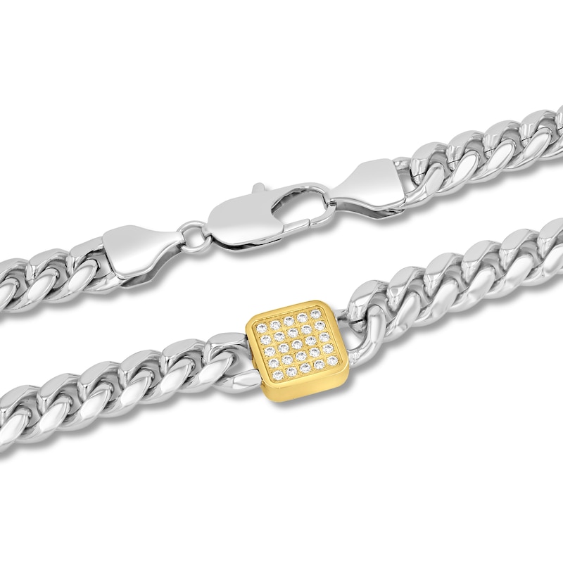 Main Image 2 of Men's Diamond Cushion-Shaped Pendant Curb Chain Necklace 1/2 ct tw Stainless Steel & Yellow Ion Plating 20"