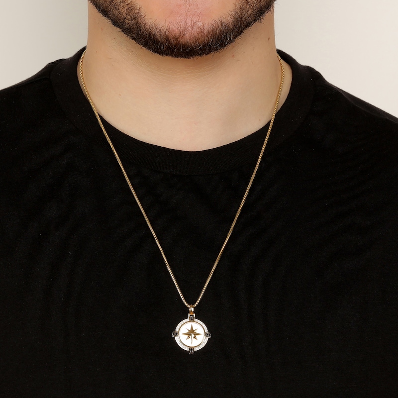 Main Image 5 of Men's Black & White Diamond Compass Necklace 1/3 ct tw 14K Yellow Gold-Plated Sterling Silver 24"