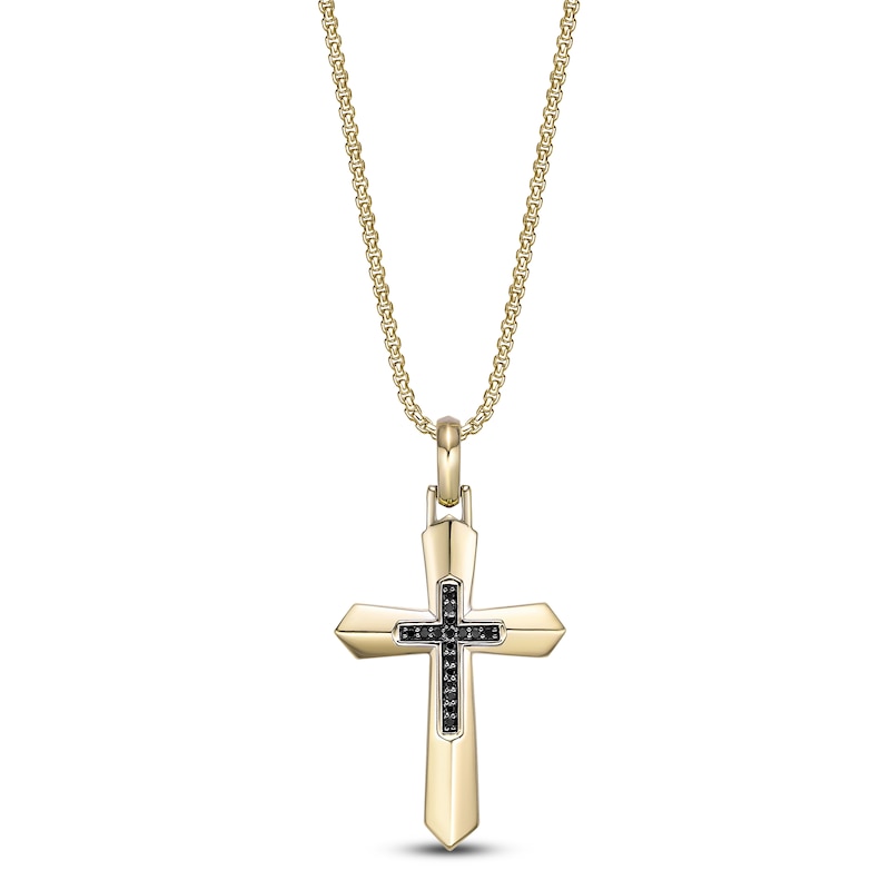 Main Image 1 of Men's Black Diamond Cross Necklace 1/6 ct tw 14K Yellow Gold-Plated Sterling Silver 24"