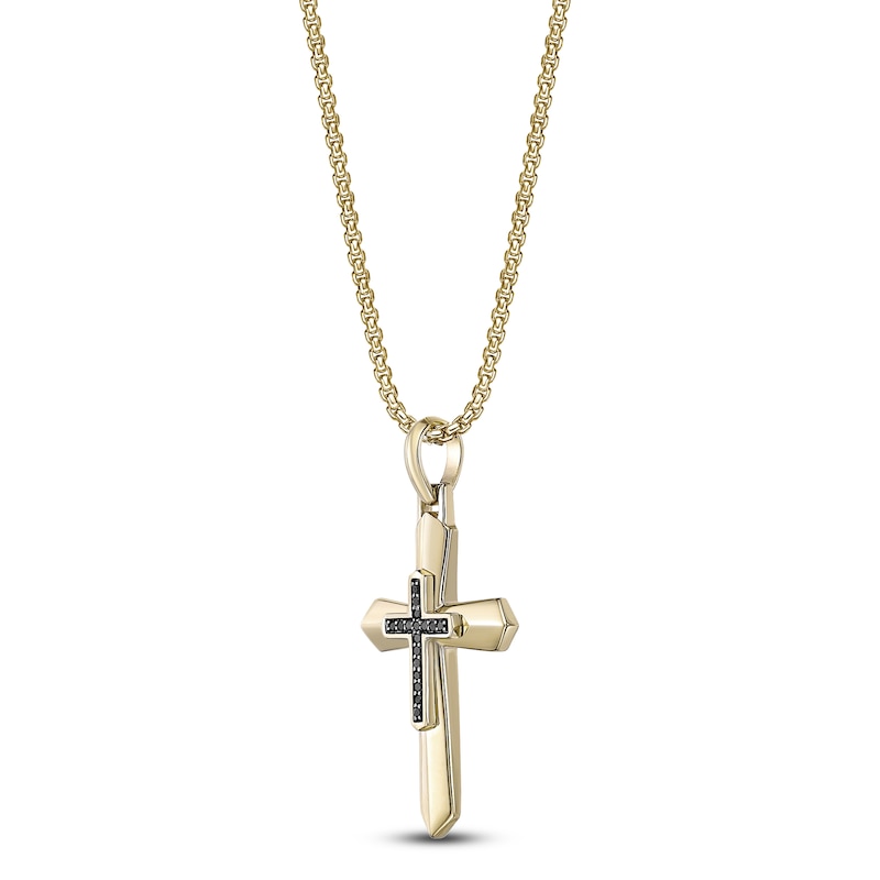 Main Image 2 of Men's Black Diamond Cross Necklace 1/6 ct tw 14K Yellow Gold-Plated Sterling Silver 24"