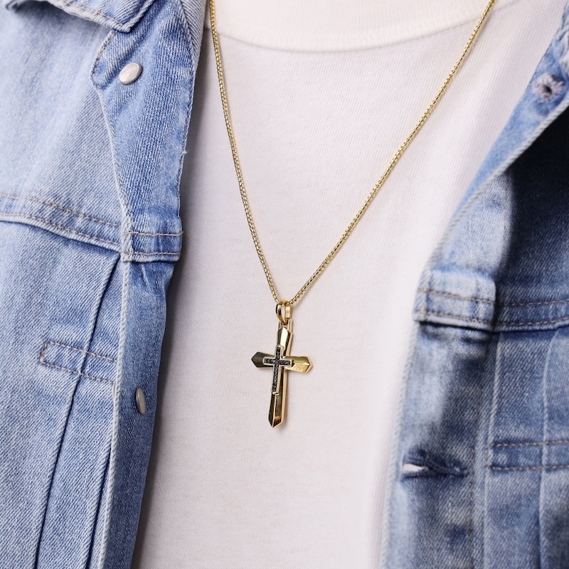 Main Image 6 of Men's Black Diamond Cross Necklace 1/6 ct tw 14K Yellow Gold-Plated Sterling Silver 24"
