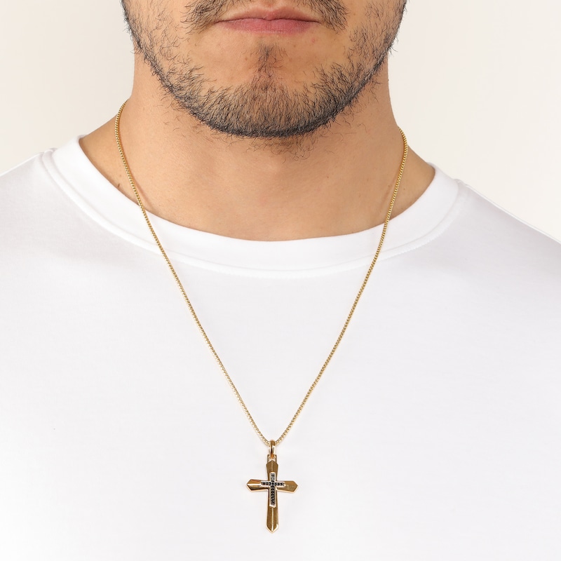 Main Image 7 of Men's Black Diamond Cross Necklace 1/6 ct tw 14K Yellow Gold-Plated Sterling Silver 24"