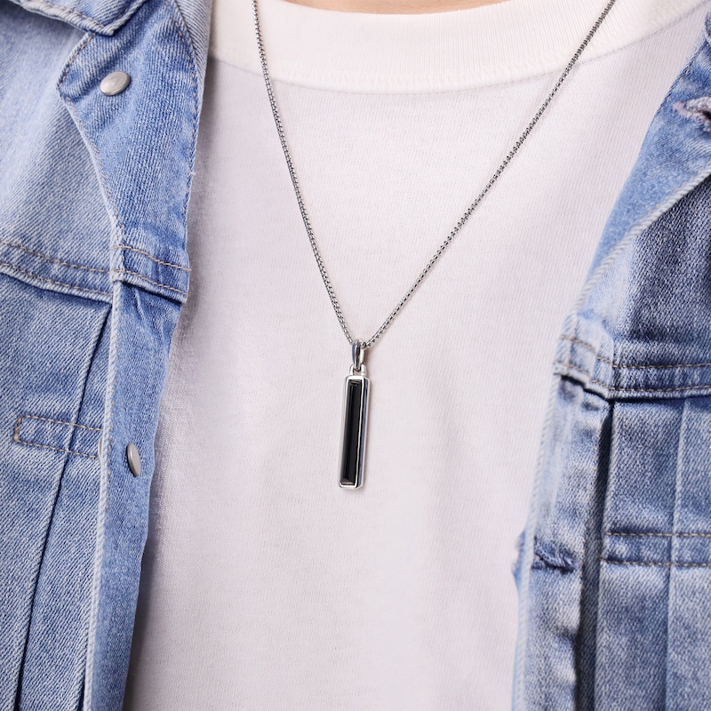 Main Image 6 of Men's Natural Black Onyx Bar Necklace Sterling Silver 24"