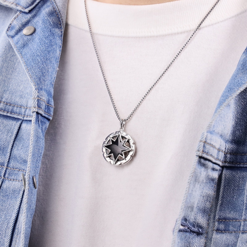 Main Image 7 of Men's Natural Howlite & Black Onyx Star Necklace Sterling Silver 24"