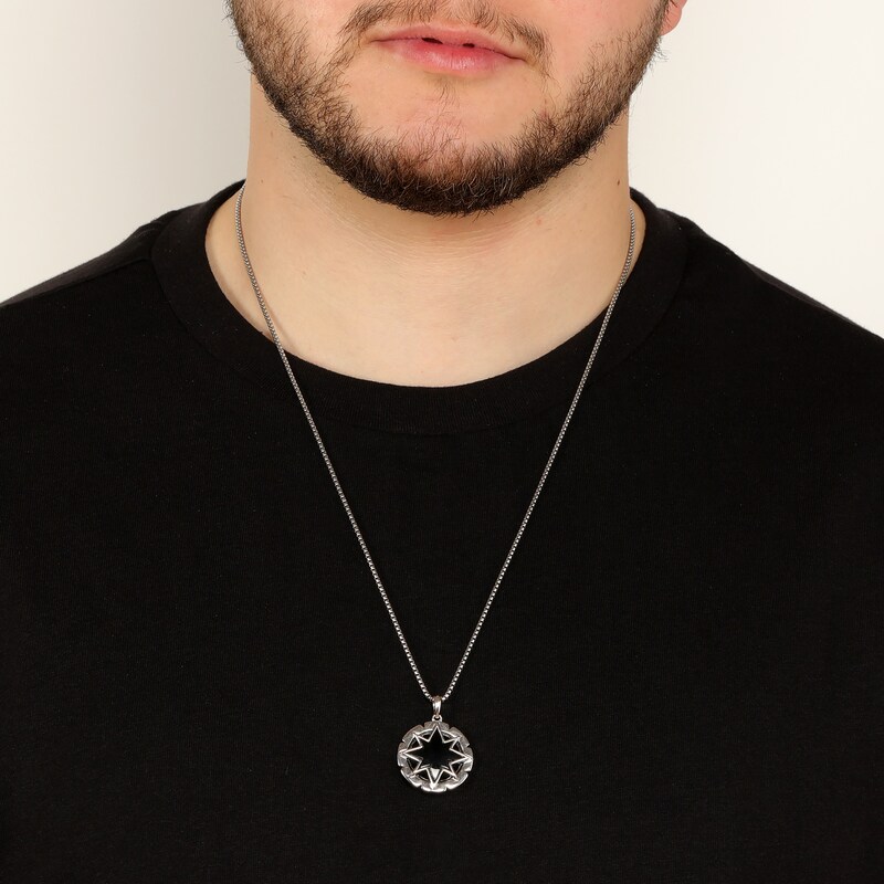 Main Image 8 of Men's Natural Howlite & Black Onyx Star Necklace Sterling Silver 24"