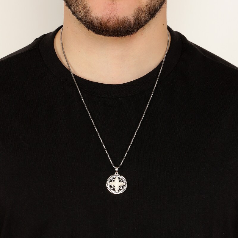 Main Image 9 of Men's Natural Howlite & Black Onyx Star Necklace Sterling Silver 24"