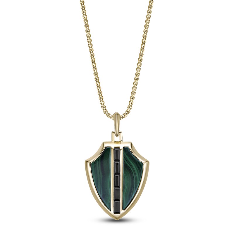 Main Image 1 of Men's Natural Malachite & Rectangle Smoky Quartz Shield Necklace 14K Yellow Gold-Plated Sterling Silver 24"