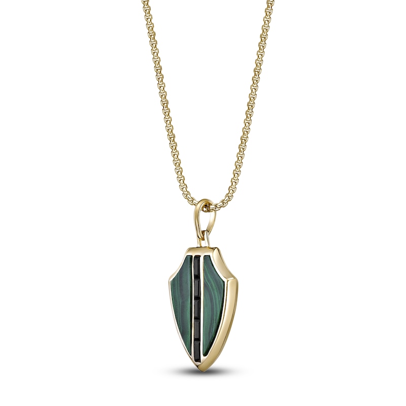 Main Image 2 of Men's Natural Malachite & Rectangle Smoky Quartz Shield Necklace 14K Yellow Gold-Plated Sterling Silver 24"