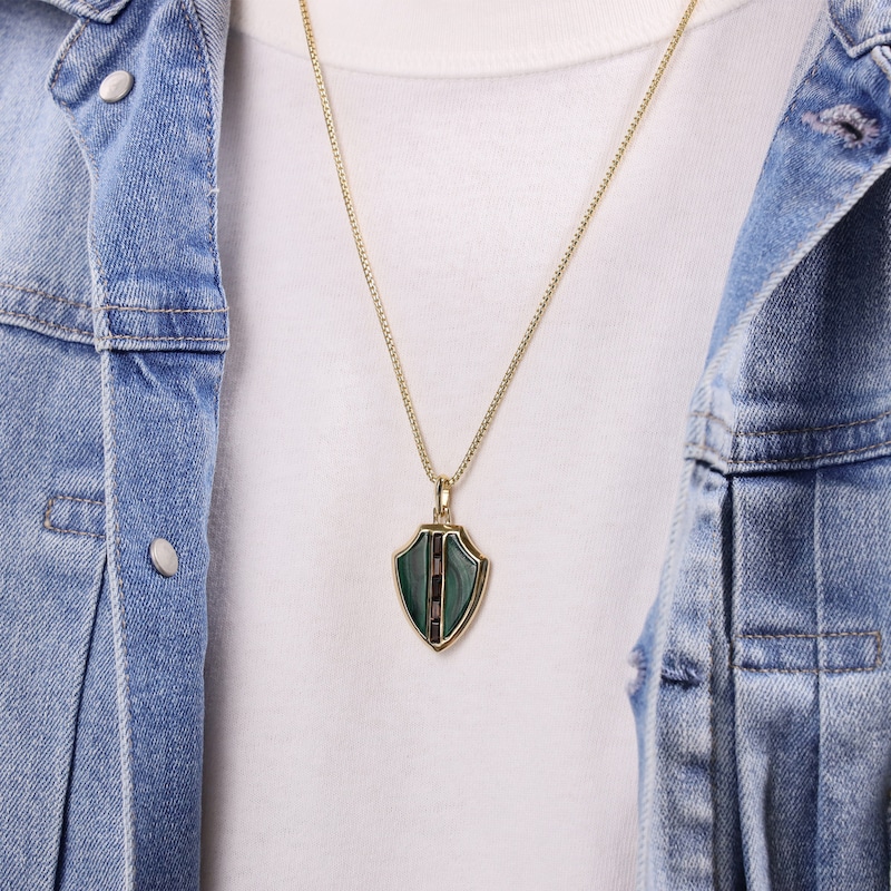 Main Image 6 of Men's Natural Malachite & Rectangle Smoky Quartz Shield Necklace 14K Yellow Gold-Plated Sterling Silver 24"