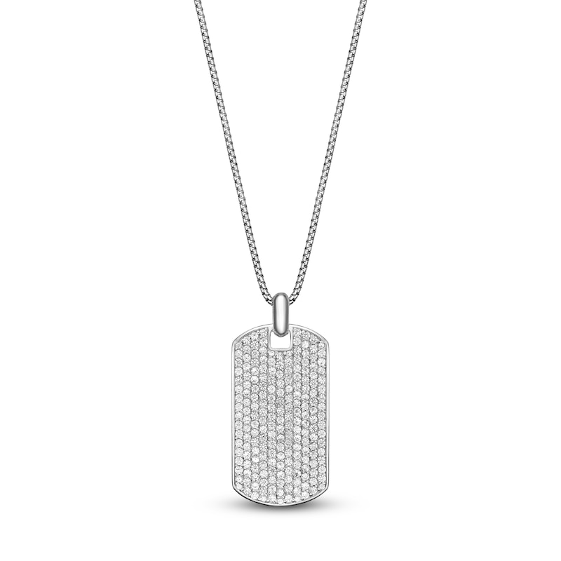 Main Image 1 of Men's White Lab-Created Sapphire Dog Tag Necklace Sterling Silver 24"