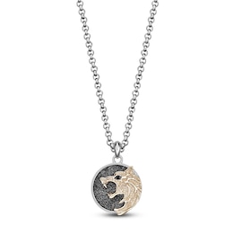 Men's Black Spinel Wolf Circle Necklace Sterling Silver & 14K Yellow Gold Plating 24"
