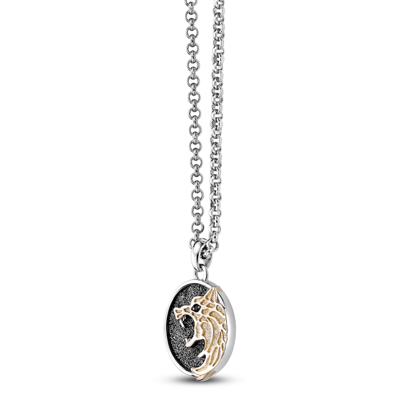 Main Image 2 of Men's Black Spinel Wolf Circle Necklace Sterling Silver & 14K Yellow Gold Plating 24"
