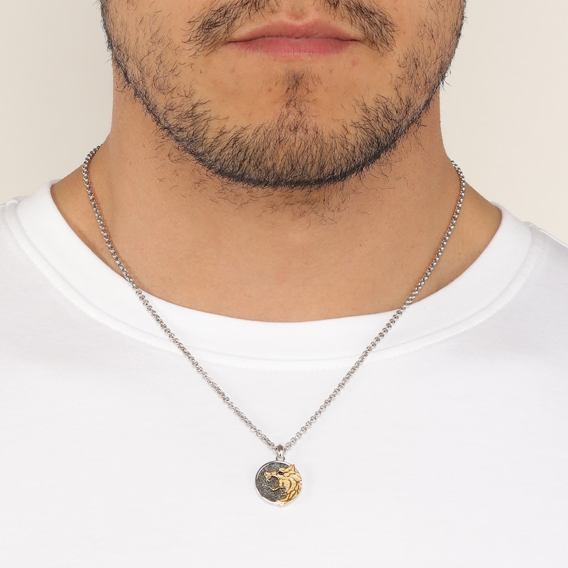 Main Image 6 of Men's Black Spinel Wolf Circle Necklace Sterling Silver & 14K Yellow Gold Plating 24"