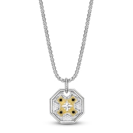 Men's Natural Black Spinel Octagon Necklace Sterling Silver & 14K Yellow Gold Plating 24"