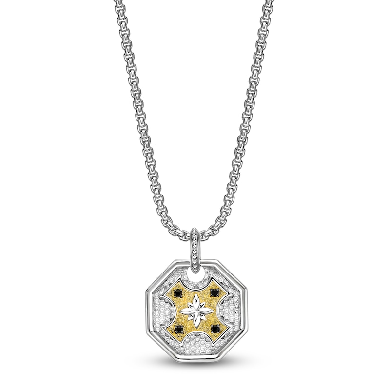 Main Image 1 of Men's Natural Black Spinel Octagon Necklace Sterling Silver & 14K Yellow Gold Plating 24"