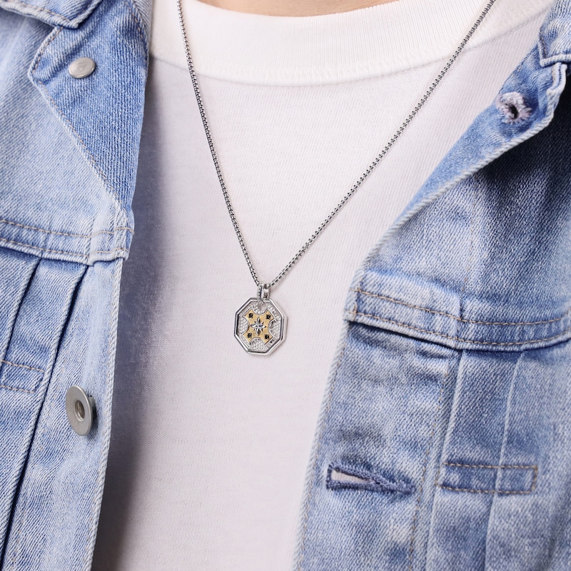 Main Image 6 of Men's Natural Black Spinel Octagon Necklace Sterling Silver & 14K Yellow Gold Plating 24"
