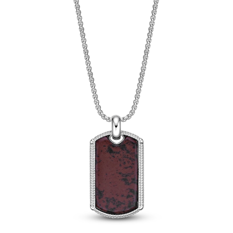 Main Image 1 of Men's Natural Mahogany Obsidian Dog Tag Necklace Sterling Silver 24"