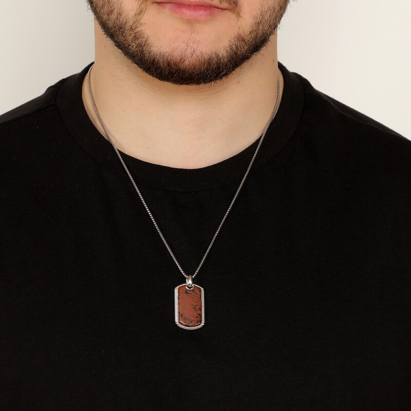 Main Image 6 of Men's Natural Mahogany Obsidian Dog Tag Necklace Sterling Silver 24"