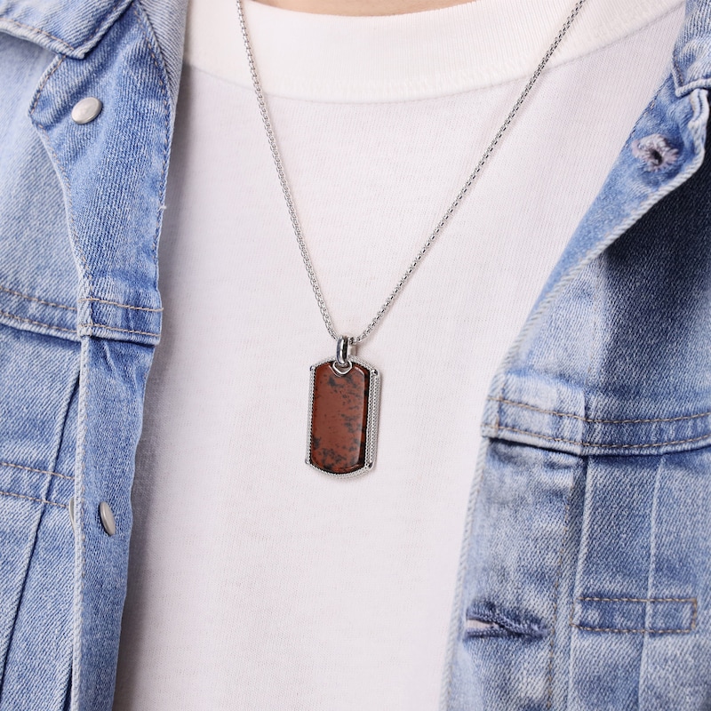 Main Image 7 of Men's Natural Mahogany Obsidian Dog Tag Necklace Sterling Silver 24"