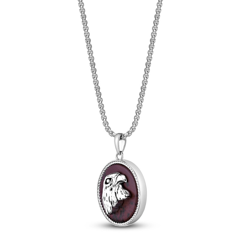 Main Image 2 of Men's Natural Mahogany Obsidian Eagle Disc Necklace Sterling Silver 24"