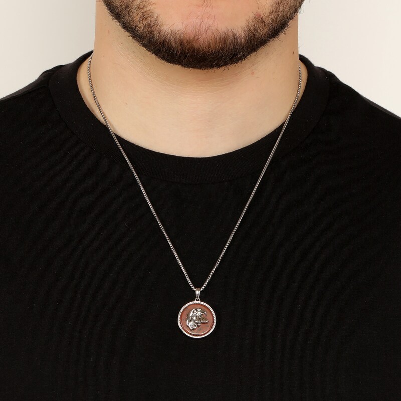 Main Image 6 of Men's Natural Mahogany Obsidian Eagle Disc Necklace Sterling Silver 24"