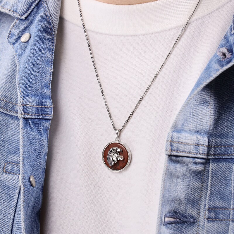 Main Image 7 of Men's Natural Mahogany Obsidian Eagle Disc Necklace Sterling Silver 24"