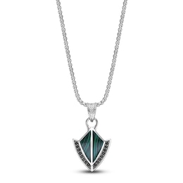 Men's Natural Malachite & Black Spinel Arrowhead Necklace Sterling Silver 24"