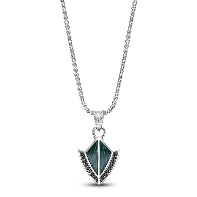 Main Image 1 of Men's Natural Malachite & Black Spinel Arrowhead Necklace Sterling Silver 24"