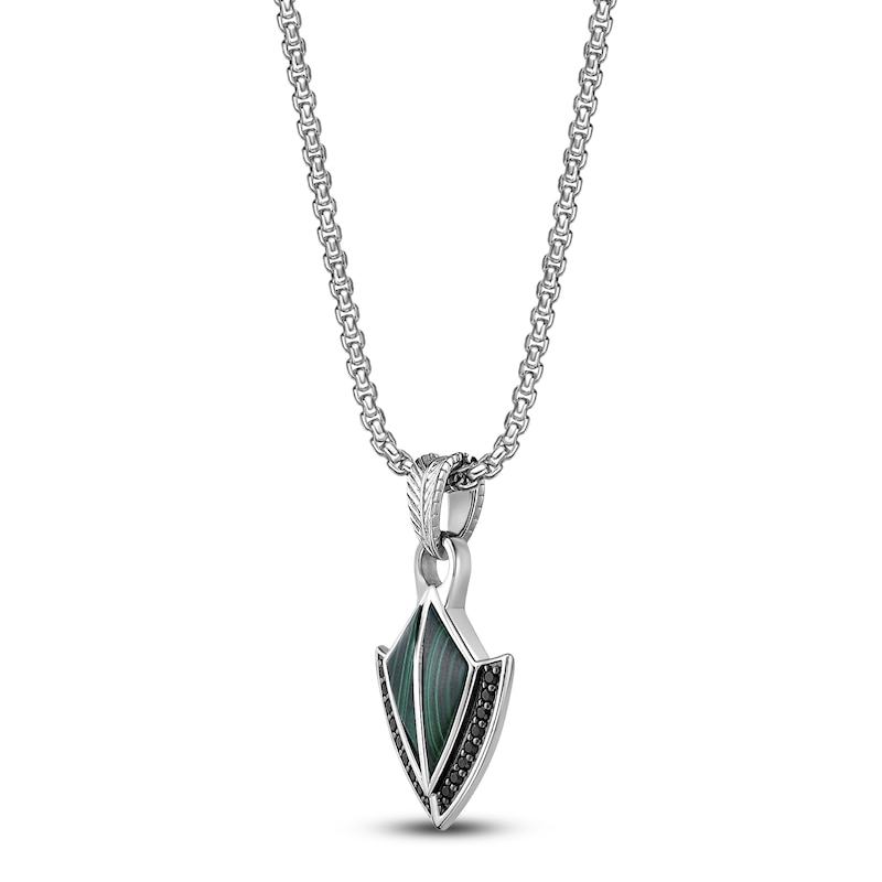 Main Image 2 of Men's Natural Malachite & Black Spinel Arrowhead Necklace Sterling Silver 24"
