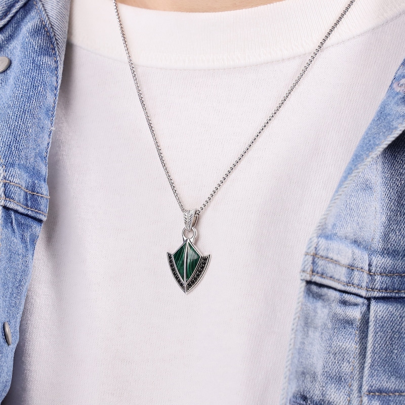 Main Image 6 of Men's Natural Malachite & Black Spinel Arrowhead Necklace Sterling Silver 24"