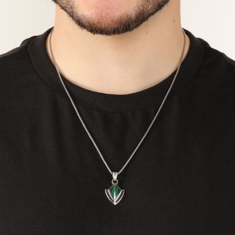 Main Image 7 of Men's Natural Malachite & Black Spinel Arrowhead Necklace Sterling Silver 24"