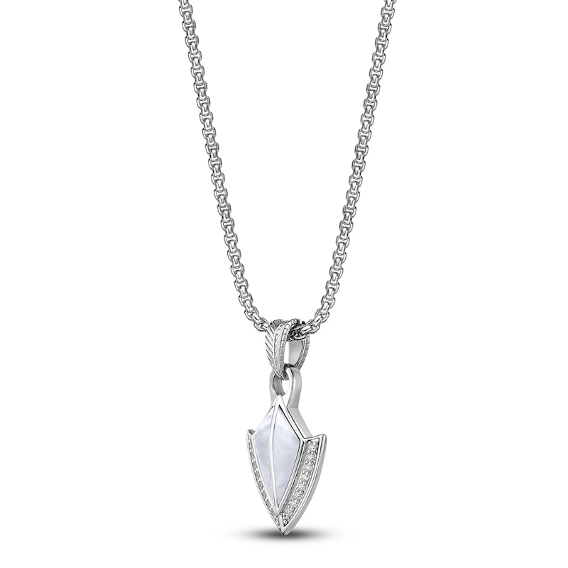 Main Image 2 of Men's Natural Mother-of-Pearl & White Lab-Created Sapphire Arrowhead Necklace Sterling Silver 24"