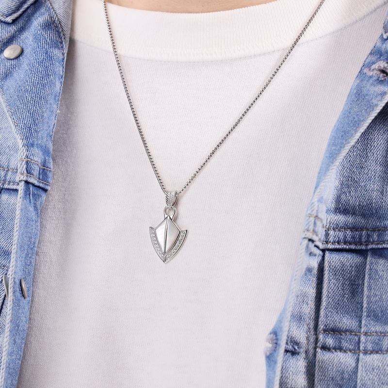 Main Image 6 of Men's Natural Mother-of-Pearl & White Lab-Created Sapphire Arrowhead Necklace Sterling Silver 24"
