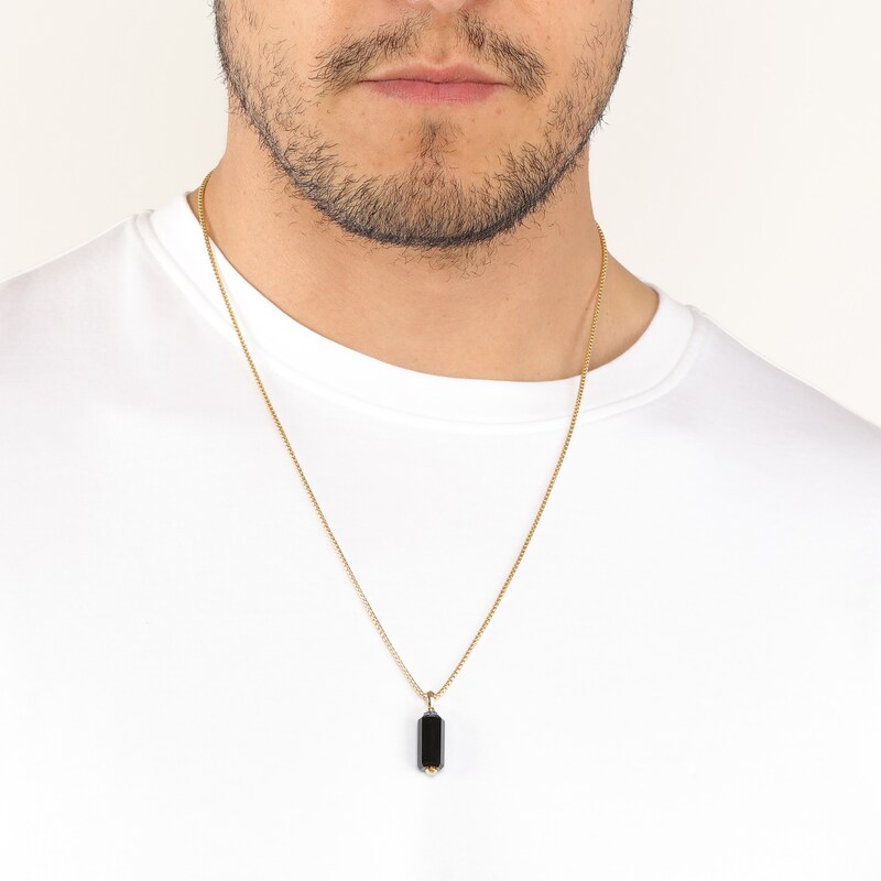 Main Image 6 of Men's Natural Black Onyx & Blue Lab-Created Sapphire Necklace Yellow Ion-Plated Sterling Silver 24"