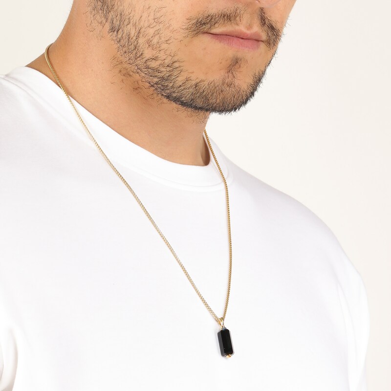 Main Image 7 of Men's Natural Black Onyx & Blue Lab-Created Sapphire Necklace Yellow Ion-Plated Sterling Silver 24"